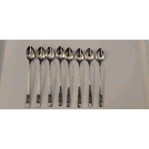 Set of 8 VTG National Stainless Laureen Rose Iced Teaspoons Stainless 7 3/8"